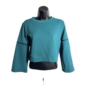 Zella Sweatshirt Girls Medium 8/10 Green Textured Knit Zip Sleeve Crop‎ Pullover